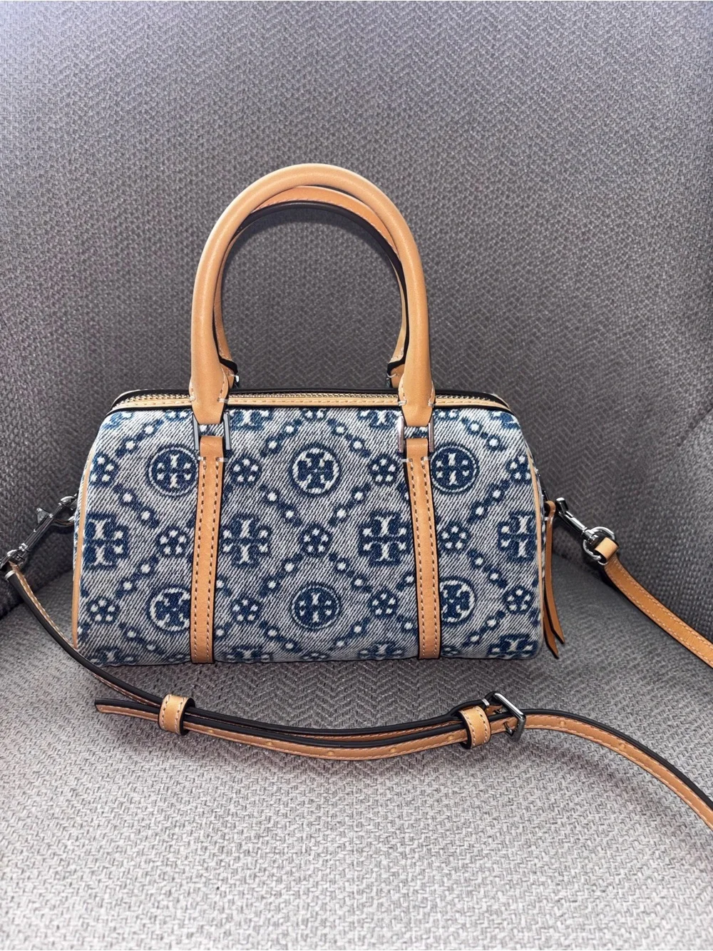 Tory Burch T Monogram Denim Mini Barrel Bag